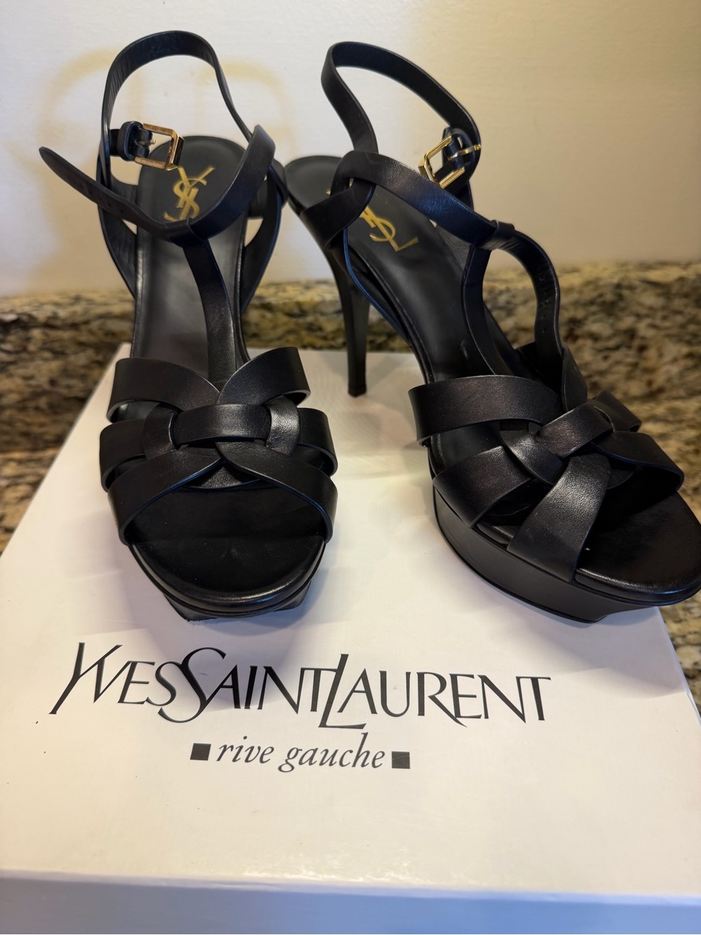 Yves Saint Laurent Black Knotted Leather Platform Sandals with Gold Buckles
